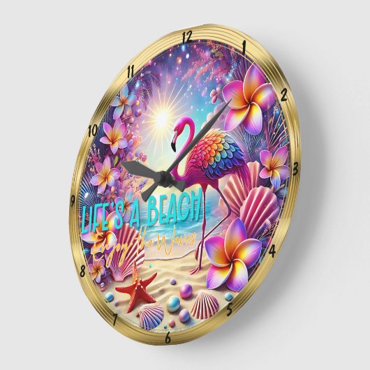 Beach Flamingo Blume Sparkle Große Wanduhr (Winkel)