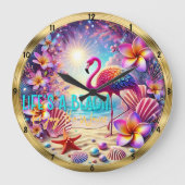 Beach Flamingo Blume Sparkle Große Wanduhr (Vorderseite)