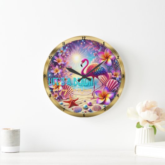 Beach Flamingo Blume Sparkle Große Wanduhr (Zuhause)