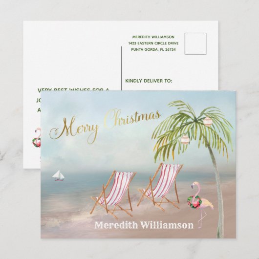 Beach Flamingo Frohe Weihnachtsbudget Postcard Postkarte (Vorne/Hinten)