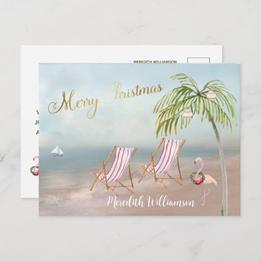 Beach Flamingo Frohe Weihnachtsbudget Postcard Postkarte (Vorne/Hinten)