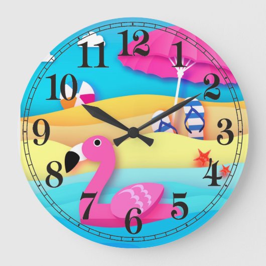 Beach Flamingo Wall Clock Große Wanduhr (Vorderseite)