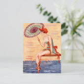 Beach Flapper Girl Postcard Swim Umbrella Postkarte (Stehend Vorderseite)