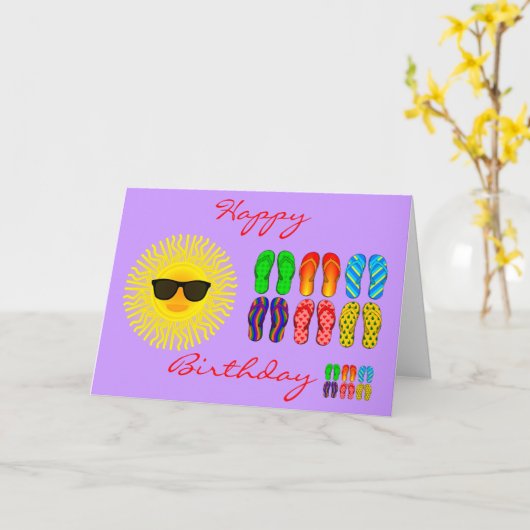 Beach Flip Flops und Sonne mit Sonnenbrille Geburt Karte (Gelbe Blume)