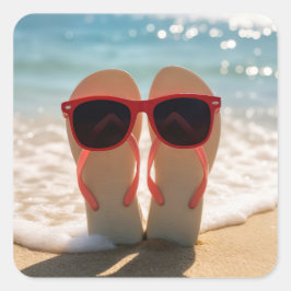 Beach Flip-flops with Red Sunglasses Quadratischer Aufkleber