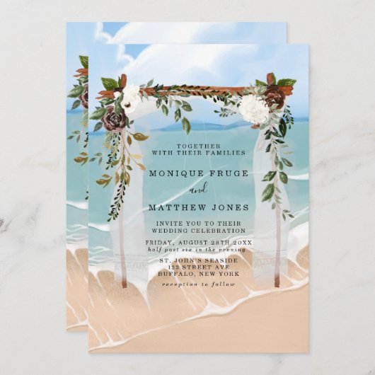 Beach Floral Canopy Tropical Modern Wedding Einladung (Vorne/Hinten)