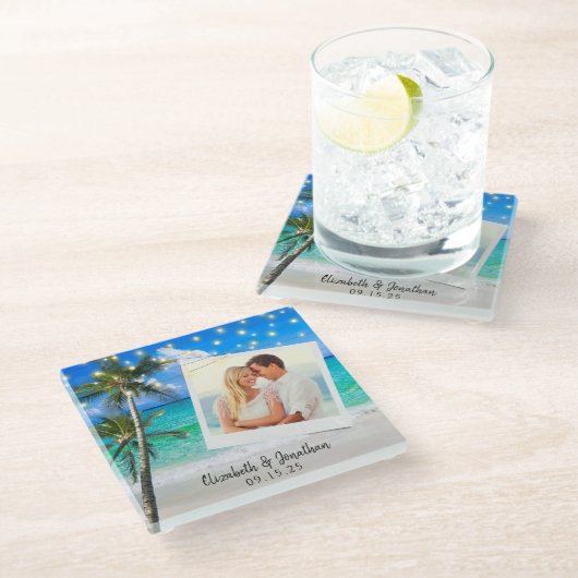 Beach Foto Palm String Lights Zielort Glasuntersetzer (Schrägansicht)