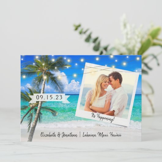 Beach Foto Palm String Lights Zielort Save The Date (Stehend Vorderseite)