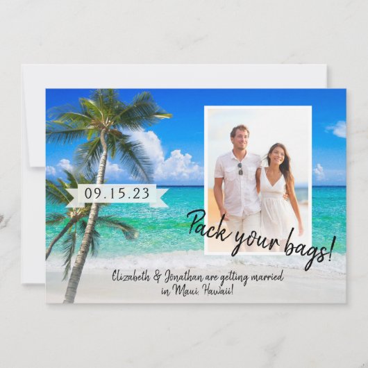 Beach Foto Palm Trees Pack Ihre Flaggen Ziel Save The Date (Vorderseite)