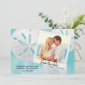 Beach Foto Sand Dollars Sea Blue Zielort Save The Date (Stehend Vorderseite)