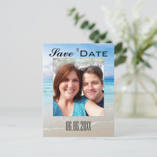 Beach Foto Save the Date Postkarte (Stehend Vorderseite)
