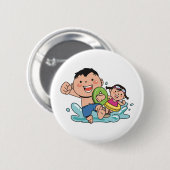Beach Fun, Junge und Mädchen schwimmen am Strand, Button (Vorne & Hinten)