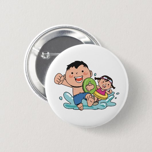Beach Fun, Junge und Mädchen schwimmen am Strand, Button (Vorne & Hinten)