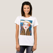 Beach Girl Blue Orange Grafik gedruckt T-Shirt (Vorne ganz)