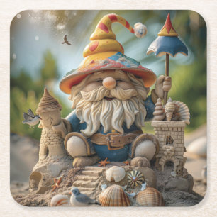 Beach Gnome auf einem Strandtrommel Rechteckiger Pappuntersetzer