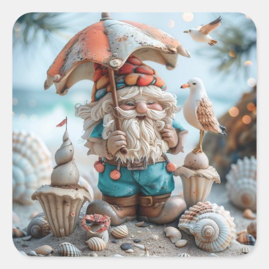 Beach-Gnome mit Regenschirm Quadratischer Aufkleber (Vorderseite)