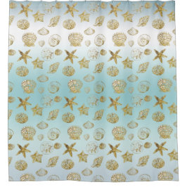Beach Gold Muscheln Aqua Blue Ombre Duschvorhang