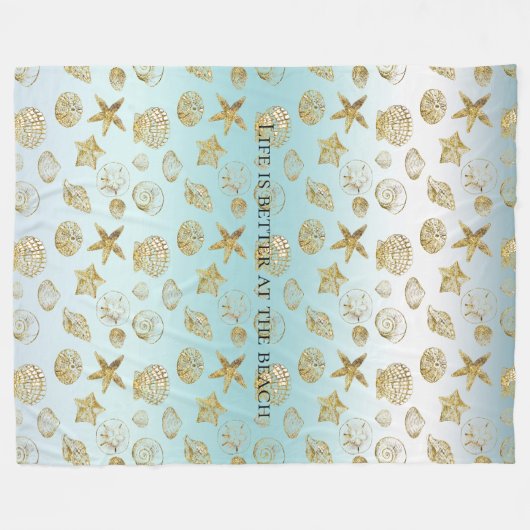 Beach Gold Muscheln Aqua Blue Ombre Fleecedecke (Vorderseite (Horizontal))