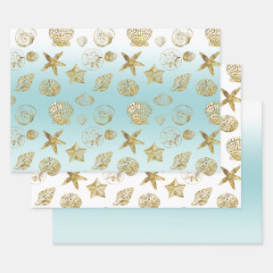 Beach Gold Muscheln Aqua Blue Ombre Geschenkpapier Set