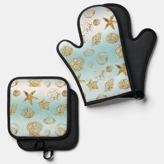 Beach Gold Muscheln Aqua Blue Ombre Ofenhandschuh & Topflappen-Set (Vorderseite/Rückseite)
