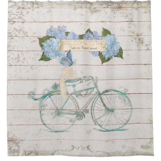 Beach Guest House Shiplap Wood Hydrangea Fahrrad Duschvorhang (Vorderseite)