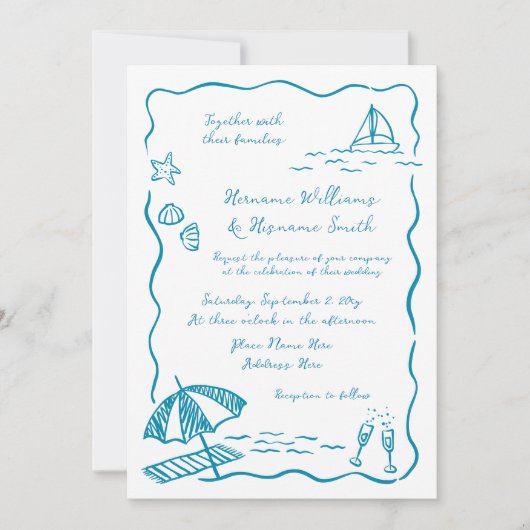 Beach Hand Drawn QR UAWG All-in-One Hochzeit Einladung (Vorderseite)