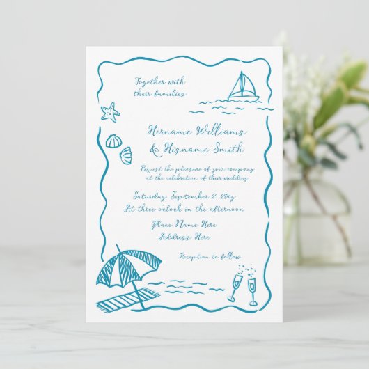 Beach Hand Drawn QR UAWG All-in-One Hochzeit Einladung (Stehend Vorderseite)