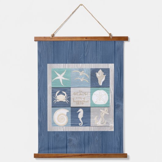 Beach Happy Place Blue Aqua Altes Holzmeer hängend Wandteppich Mit Holzrahmen (Vorderseite)