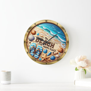 Beach Happy Place Seashell Große Wanduhr