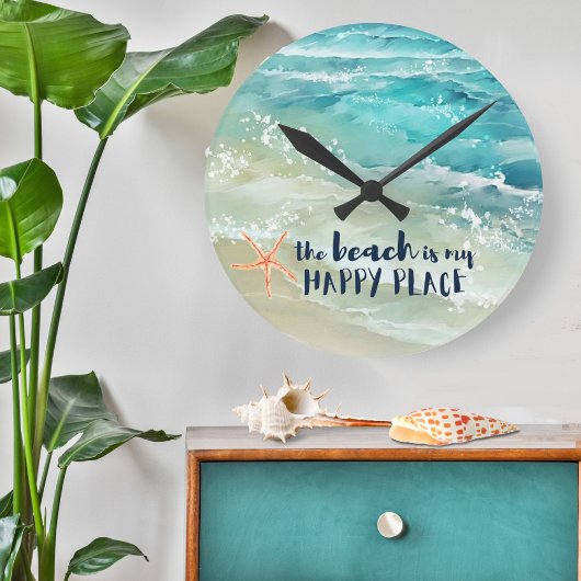 Beach Happy Place Watercolor Ocean Waves Küste Runde Wanduhr