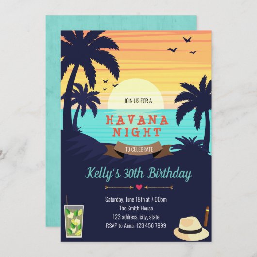 Beach Havana Party Einladungskarte Einladung (Vorne/Hinten)