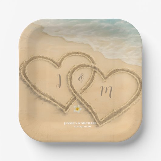 Beach Heart Custom Wedding Sand & Sea Pappteller (Vorderseite)