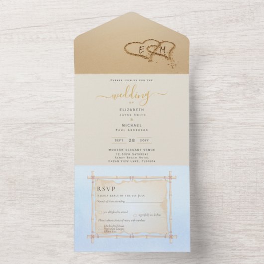 Beach Hearts in Sand Wedding Einladungen UAWG Deta (Innen Boden)