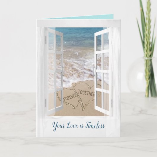 Beach Hearts in Window for Newlyweds Karte (Vorderseite)