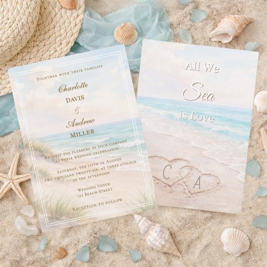 Beach hearts sand initials wedding einladung