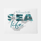 Beach House Aqua Blue Sea Life Typografy Willkomme Fußmatte (Vorderseite)