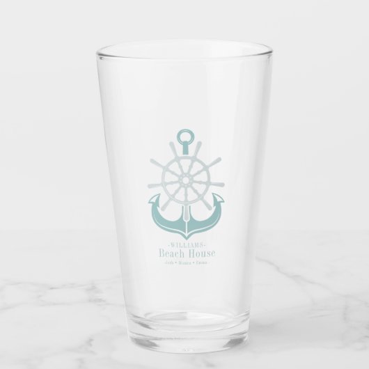 Beach House Aquamarin Familienname Anchor Glas (Vorderseite)