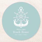 Beach House Aquamarin Familienname Anchor Runder Pappuntersetzer (Vorderseite)