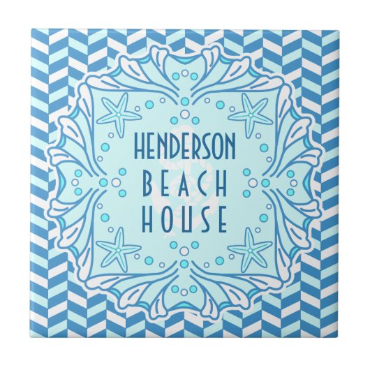 Beach House Art Deco Muschel und Herringbone Custo Fliese (Vorderseite)