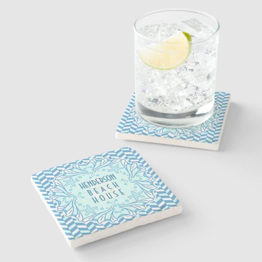 Beach House Art Deco Muschel und Herringbone Custo Steinuntersetzer (Seitenansicht)