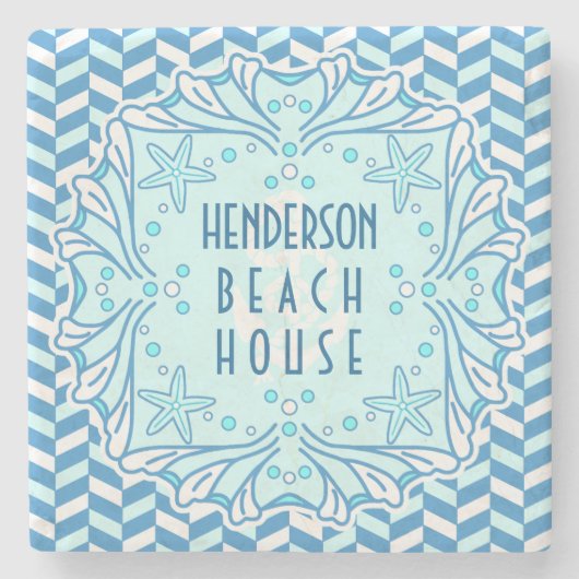 Beach House Art Deco Muschel und Herringbone Custo Steinuntersetzer (Vorderseite)