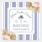 Beach House Blue Stripes Coastal Boho Bauernhof Quadratischer Aufkleber (Vorderseite)