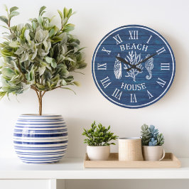 Beach House Blue Wood Coral Seahorse Large Clock Große Wanduhr