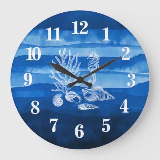 Beach House Coral Seepferd Blue Large Clock Große Wanduhr (Vorderseite)
