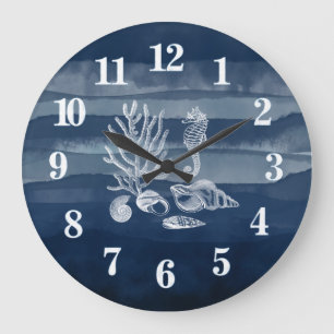 Beach House Coral Seepferd Navy Blue Large Clock Große Wanduhr