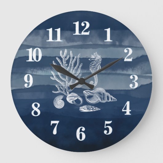 Beach House Coral Seepferd Navy Blue Large Clock Große Wanduhr (Vorderseite)
