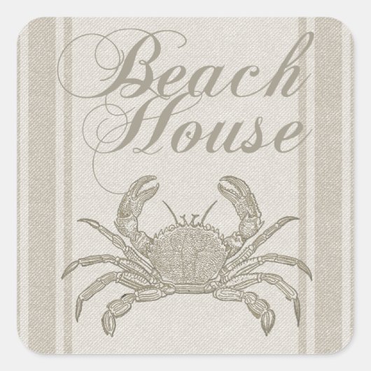 Beach House Crab Küste Vintag Quadratischer Aufkleber (Vorderseite)