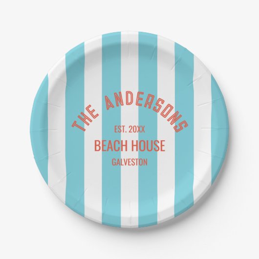 Beach House Familienname Blue Cabana Stripe Pappteller (Vorderseite)