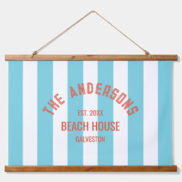 Beach House Familienname Blue Cabana Stripe Wandteppich Mit Holzrahmen