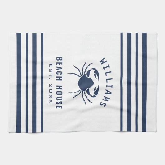 Beach House Familienname Crab Navy Blau und Weiß Geschirrtuch (Horizontal)
